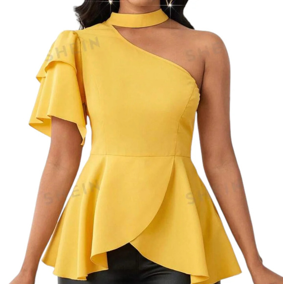 Source Unknown Tops - Women's One Shoulder Double-Layer Flare Sleeve Short Blouse (Size M)